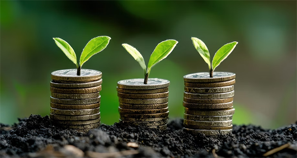 Three stacks of coins topped with small green sprouts in soil, symbolizing financial growth and investment, with a blurred green background.