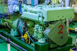 Marine engine. Diesel generator. Engine room interior.