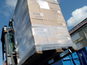 cardboard boxes wrapped in stretch film