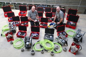 David Liddle (left), INTEGRA’s UK Sales Manager with Sam Frank, Joint Integrity Engineer, with some of bolt tensioning and torquing tooling the company has invested in.